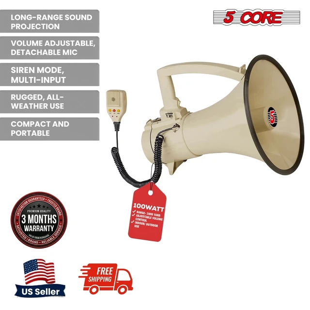 Alt view image 2 of 7 - 5 Core Megaphone Speaker 100W Loud Rechargeable Bullhorn w Built-in Siren