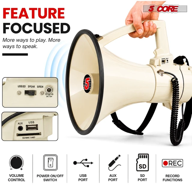 Alt view image 5 of 7 - 5 Core Megaphone Speaker 100W Loud Rechargeable Bullhorn w Built-in Siren