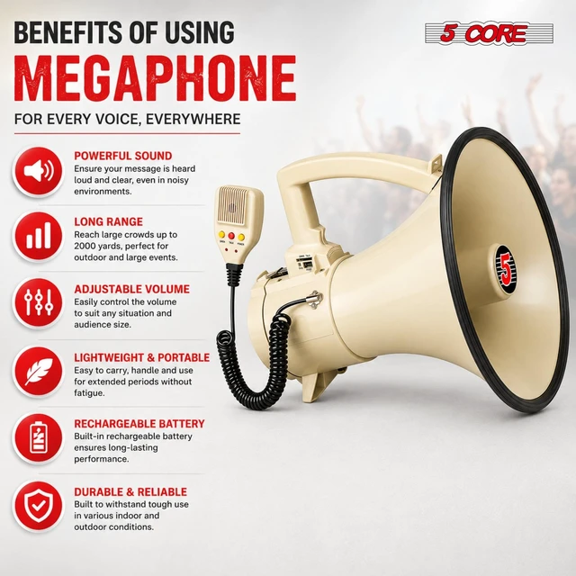 Alt view image 7 of 7 - 5 Core Megaphone Speaker 100W Loud Rechargeable Bullhorn w Built-in Siren