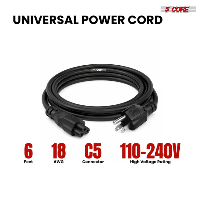Alt view image 3 of 7 - 5 Core Power Cord C5 Replacement AC Cable 3 Prong for Laptop Charger Projector