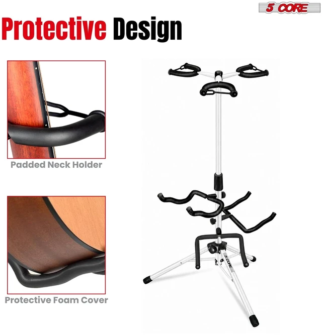 Alt view image 3 of 7 - 5 Core Triple Guitar Stand Floor w Foam Arms for Acoustic Electric Bass Guitars