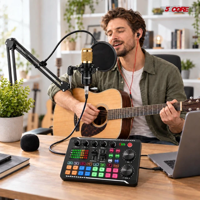 Alt view image 7 of 7 - 5 Core Podcast Equipment Bundle w Condenser Mic Voice Changer Audio Mixer Pair