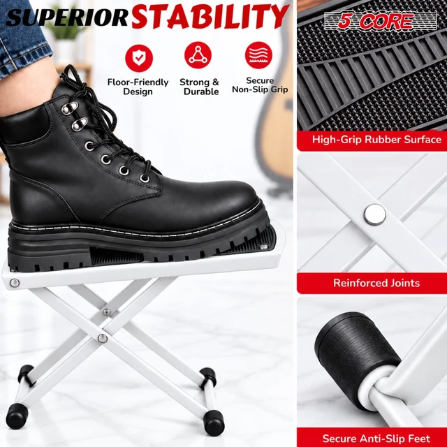 Alt view image 4 of 7 - 5 Core Guitar Foot Stool Metal 6-Level Adjustable Folding Leg Rest White