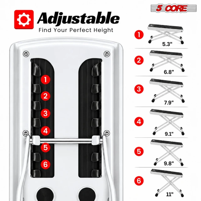 Alt view image 2 of 7 - 5 Core Guitar Foot Stool Metal 6-Level Adjustable Folding Leg Rest White