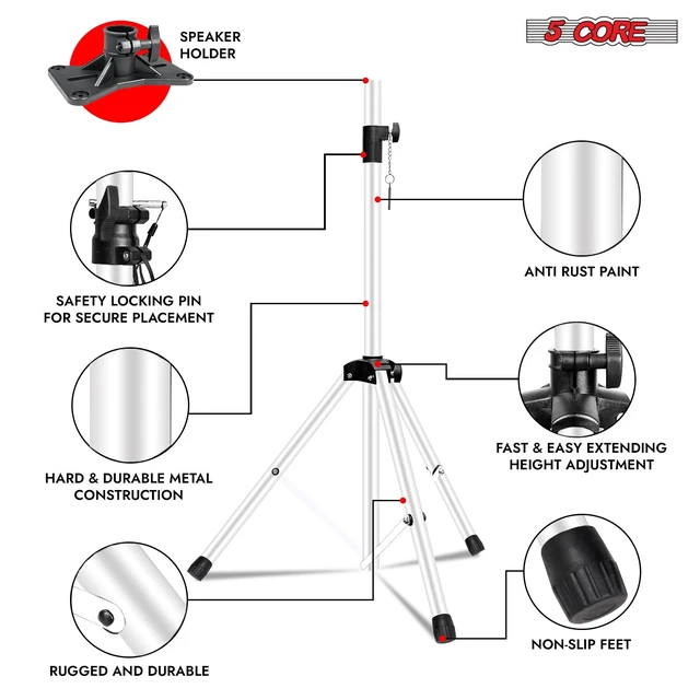 Alt view image 7 of 7 - 5 Core Speaker Stand Tripod Pair Adjustable PA DJ Universal Pole Mount