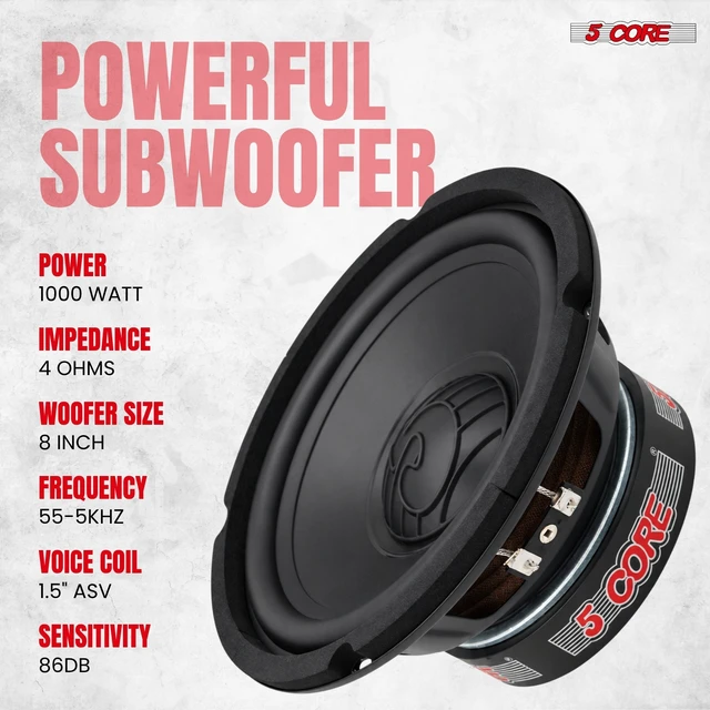 Alt view image 2 of 7 - 5 CORE 8 Inch Car Audio Subwoofer 1000W 4Ohm Shallow Mount Woofer Speaker