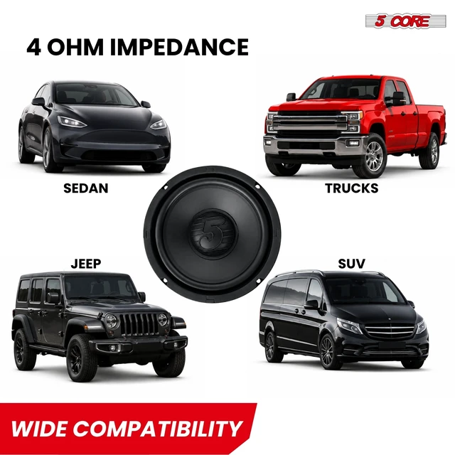 Alt view image 4 of 7 - 5 CORE 8 Inch Car Audio Subwoofer 1000W 4Ohm Shallow Mount Woofer Speaker