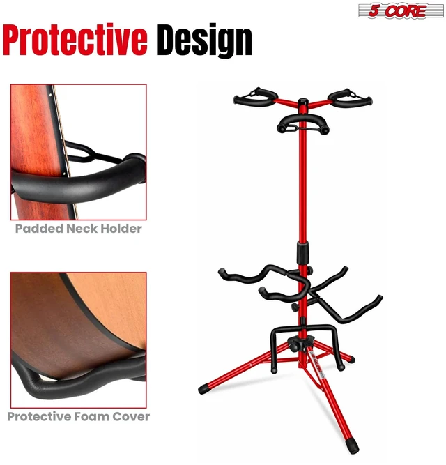 Alt view image 4 of 7 - 5CORE Triple Guitar Stand Floor Adjustbale for Acoustic/ Electric/ Bass/ Banjo