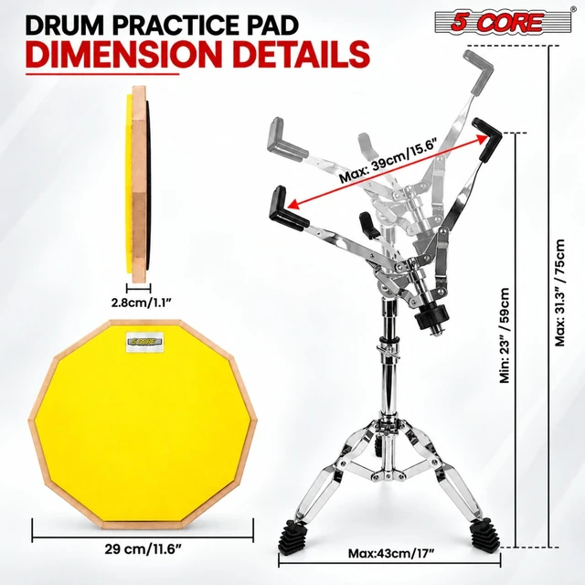 Alt view image 5 of 7 - 5 Core Drum Practice Pad Set 12" Snare Drumming Stand 2 Sided Drummer Kit