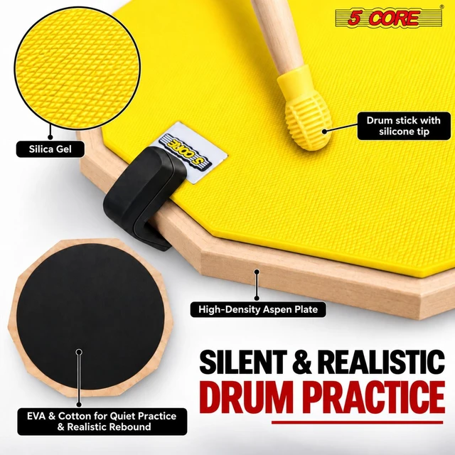 Alt view image 4 of 7 - 5 Core Drum Practice Pad Set 12" Snare Drumming Stand 2 Sided Drummer Kit
