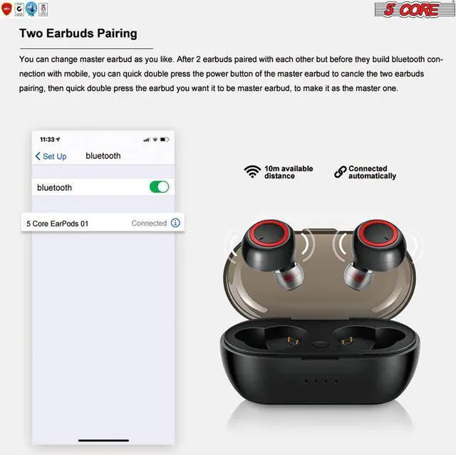 Alt view image 7 of 17 - 5 Core Wireless Ear Buds  Mini Bluetooth Noise Cancelling Earbud Headphones 32 Hours Playtime IPX8