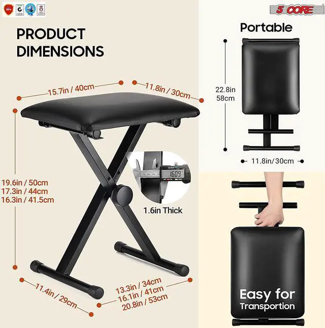 Alt view image 6 of 7 - 5 Core Premium Adjustable Padded Keyboard X-Style Bench Portable Foldable Piano Keyboard Stool Extra Thick Padded Chair 4 Non-Slip Rubber Feet , Thick Foam Cushion, Black No Installation Needed DS 02