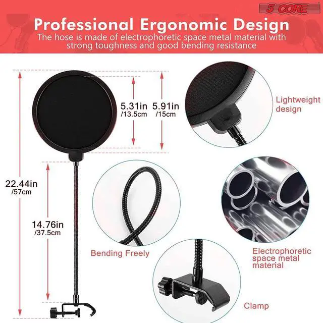 Alt view image 5 of 7 - 5 Core Inc. Professional Microphone Stand with Pop Filter Heavy Duty Microphone Suspension Scissor Arm Stand and Windscreen Mask Shield 5 Core RM STND 2 (with Pop Filter & Metal SMH)