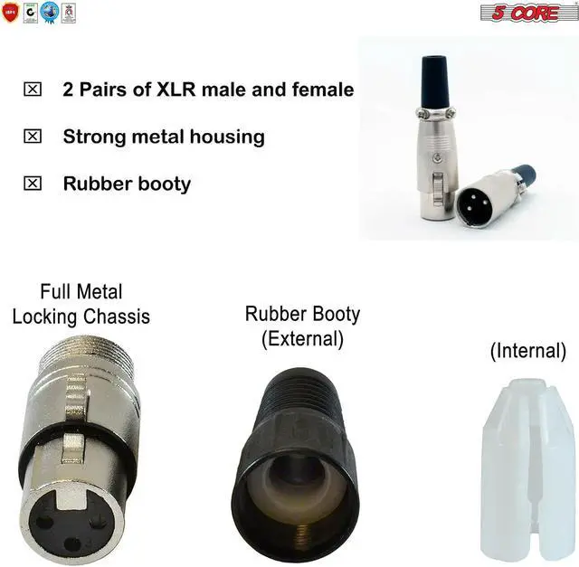 Alt view image 3 of 14 - 5 CORE XLR Connector Male Female to 1/4 Audio Jack 3 Pin Secure Microphone Plug with Locking Ends - XLR 10 Pair