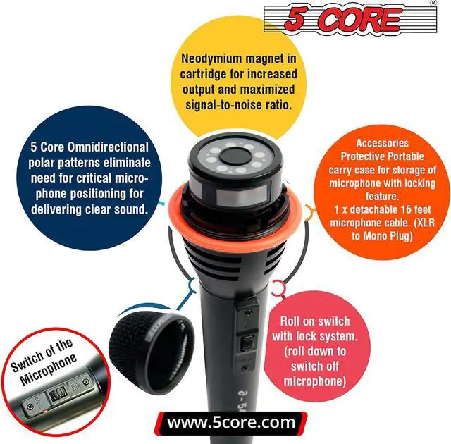 Alt view image 3 of 11 - 5 Core Karaoke Microphone Dynamic Vocal Cardioid Unidirectional Mic w ON/ OFF Switch XLR Cord, Clip  A-54