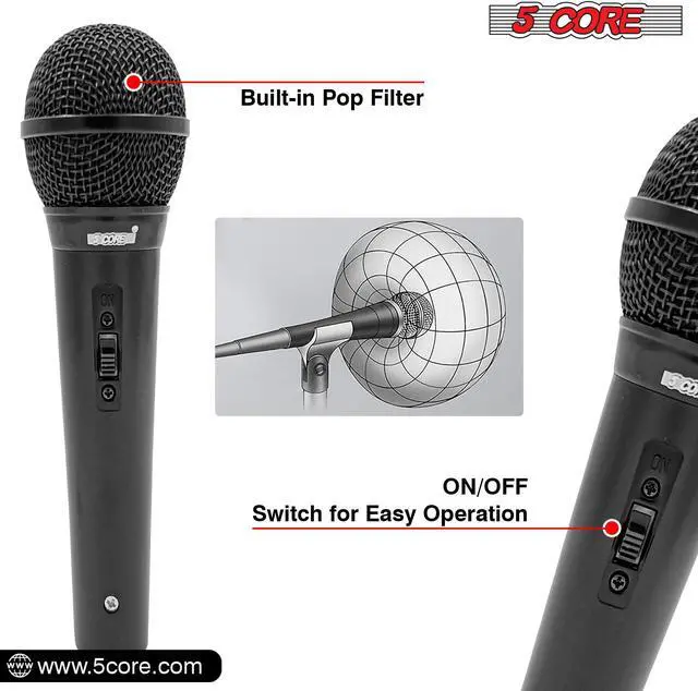 Alt view image 5 of 12 - 5 Core Microphone XLR Dynamic Mic Karaoke Singing Handheld Microfono Wired Professional Unidirectional 1/4 Plug In Cord Connection for Vocal DJ Music - PM 1O1 BLK