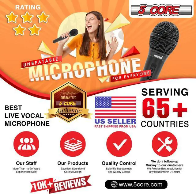 Alt view image 7 of 12 - 5 Core Microphone XLR Dynamic Mic Karaoke Singing Handheld Microfono Wired Professional Unidirectional 1/4 Plug In Cord Connection for Vocal DJ Music - PM 1O1 BLK