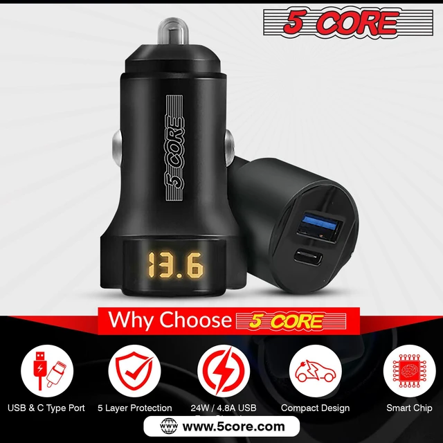 Alt view image 6 of 8 - 5 Core 2 Pcs Car Charger Dual Smart Fast USB Port Adapter Speedy Charging Phone Car PLug CDKC11 USBC 2Pcs