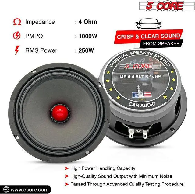 Alt view image 2 of 5 - 5 CORE 6.5" Inch Mid-Range Replacement Pro Audio Car Speaker 1600W Max 4 Ohms and 2.8 Inch Super Tweeter 2 Pieces - MR6.5-4oHMX2Pcs+TW-BULLET180X2Pcs