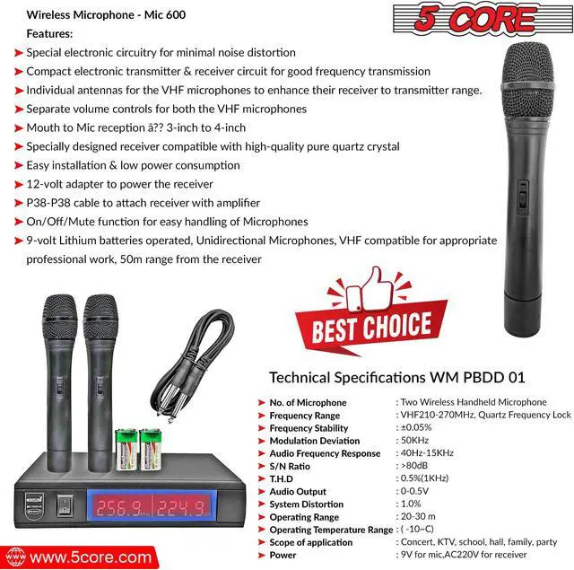 Alt view image 4 of 10 - 5 Core VHF Dual Channel DIGITAL Wireless Microphone System Receiver & 2x Hand Mic