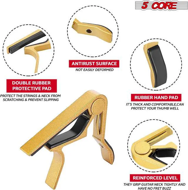 Alt view image 3 of 7 - 5CORE Capo Acoustic Electric Guitar 6 String Quick And Easy Adjustment Classic Clip - Banjo Mandolin Or Ukulele Capotraste Para Guitarra - CAPO GLD
