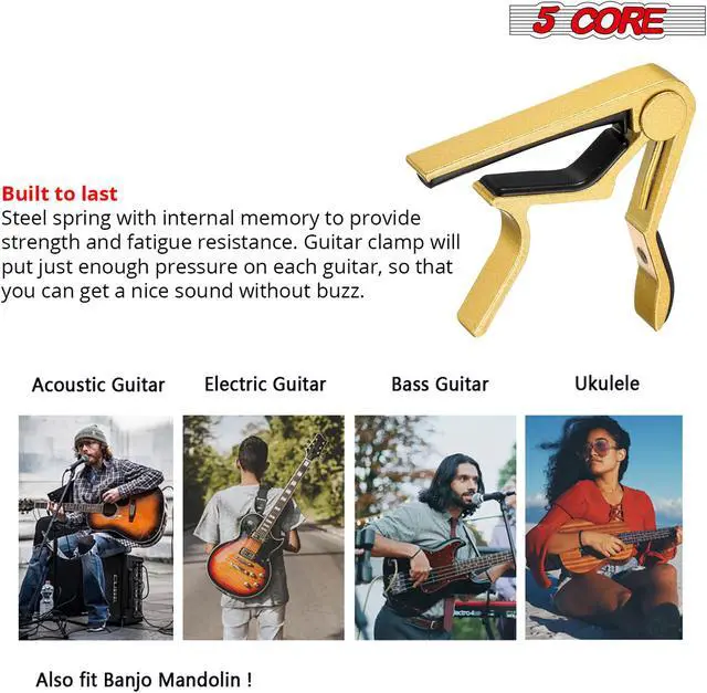 Alt view image 6 of 7 - 5CORE Capo Acoustic Electric Guitar 6 String Quick And Easy Adjustment Classic Clip - Banjo Mandolin Or Ukulele Capotraste Para Guitarra - CAPO GLD