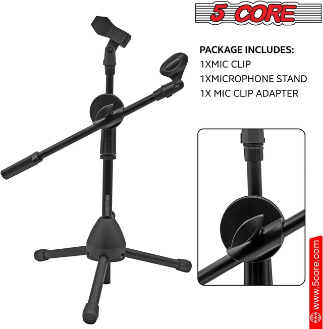 Alt view image 3 of 7 - 5 Core Short Microphone Stand with Boom Arm Height Adjustable Low Profile Mic Tripod Stand Mini Mic Holder360 Rotating with Dual Mic Clip - MS DBL S