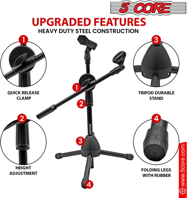 Alt view image 2 of 7 - 5 Core Short Microphone Stand with Boom Arm Height Adjustable Low Profile Mic Tripod Stand Mini Mic Holder360 Rotating with Dual Mic Clip - MS DBL S