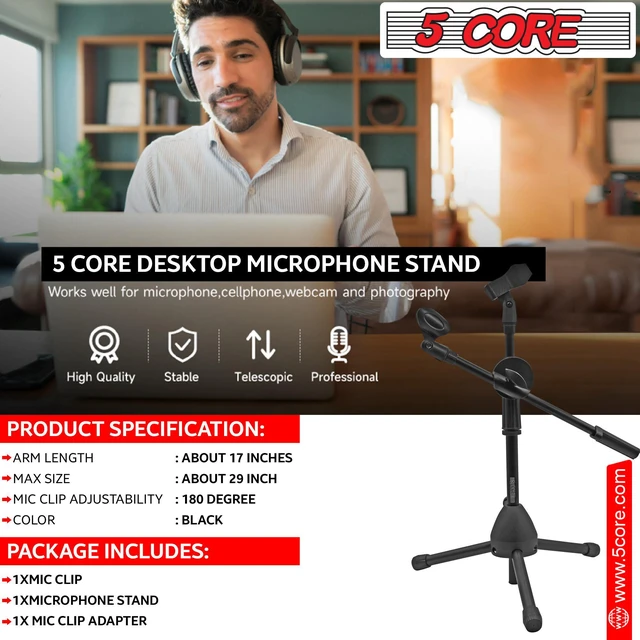 Alt view image 4 of 7 - 5 Core Short Microphone Stand with Boom Arm Height Adjustable Low Profile Mic Tripod Stand Mini Mic Holder360 Rotating with Dual Mic Clip - MS DBL S