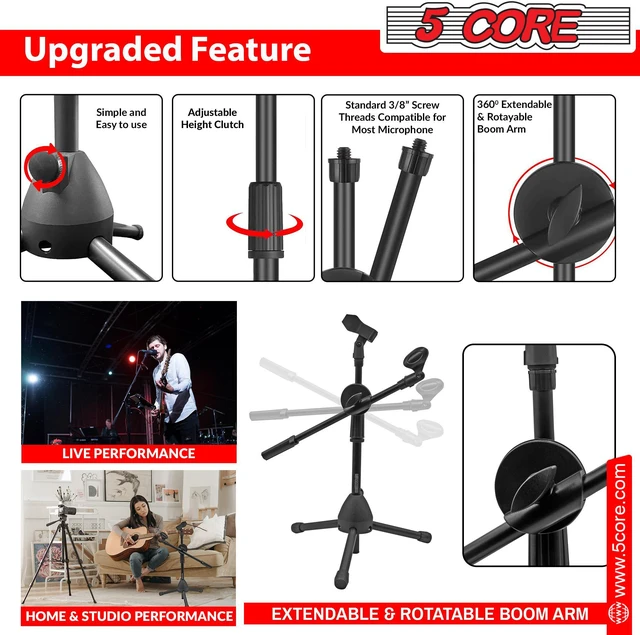 Alt view image 5 of 7 - 5 Core Short Microphone Stand with Boom Arm Height Adjustable Low Profile Mic Tripod Stand Mini Mic Holder360 Rotating with Dual Mic Clip - MS DBL S