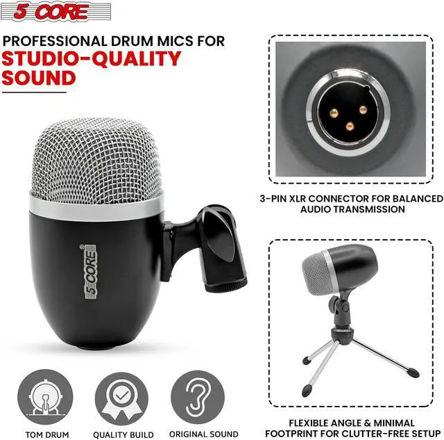 Alt view image 2 of 7 - 5 Core Drum Mic High Sensitivity Snare Tom Instrument Microphone with Dynamic Moving Coil Uni-Directional Pick Up Pattern Swivel Mount Durable Steel Mesh Grille -TOM MIC BLK