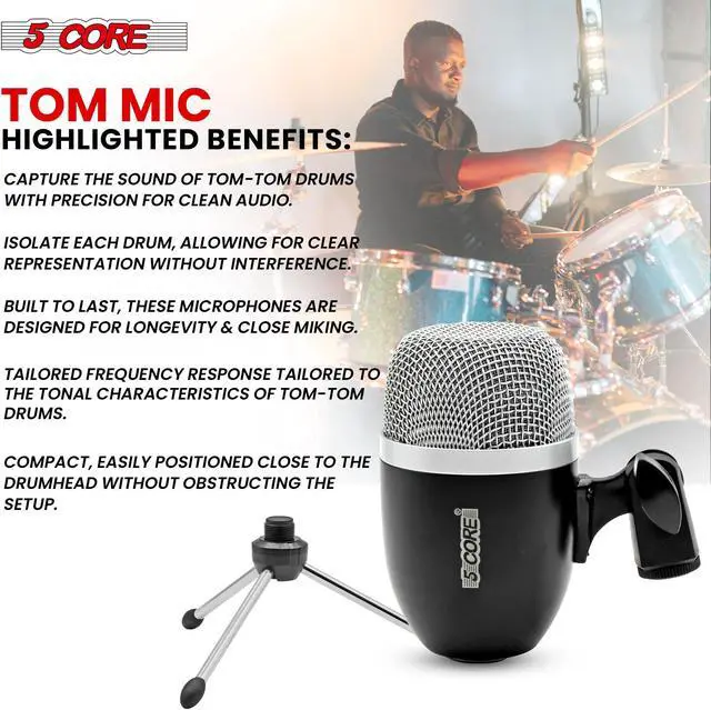 Alt view image 6 of 7 - 5 Core Drum Mic High Sensitivity Snare Tom Instrument Microphone with Dynamic Moving Coil Uni-Directional Pick Up Pattern Swivel Mount Durable Steel Mesh Grille -TOM MIC BLK