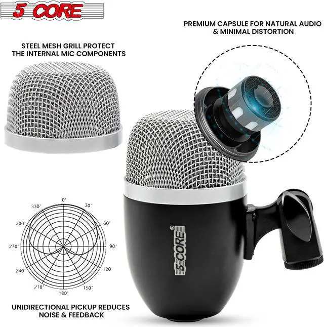 Alt view image 5 of 7 - 5 Core Drum Mic High Sensitivity Snare Tom Instrument Microphone with Dynamic Moving Coil Uni-Directional Pick Up Pattern Swivel Mount Durable Steel Mesh Grille -TOM MIC BLK