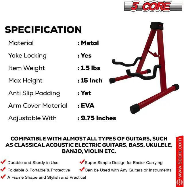 Alt view image 4 of 7 - 5 Core Guitar Stand A Frame Shape w Soft Foam Arms Non Slip Rubber Supports Acoustic Electric Bass Ukulele Banjo for School Studio Stage Concerts Red - GSS RED