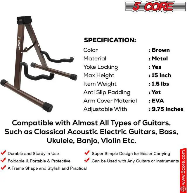 Alt view image 3 of 8 - 5 Core Guitar Stand A Frame Shape w Soft Foam Arms Non Slip Rubber Supports Acoustic Electric Bass Ukulele Banjo for School Studio Stage Concerts Brown - GSS BR