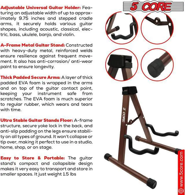 Alt view image 5 of 8 - 5 Core Guitar Stand A Frame Shape w Soft Foam Arms Non Slip Rubber Supports Acoustic Electric Bass Ukulele Banjo for School Studio Stage Concerts Brown - GSS BR
