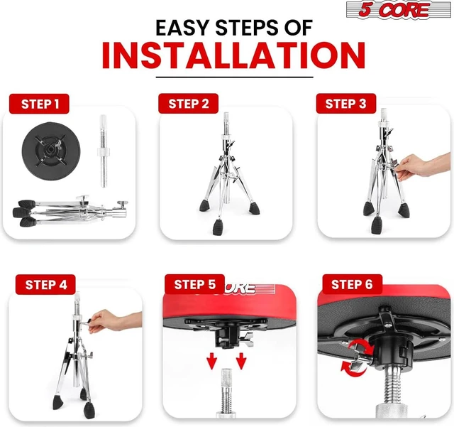 Alt view image 7 of 7 - 5 Core Drum Throne Padded Guitar Stool Swivel Height Adjustable Professional Music Chair For Adults And Kids w Anti Slip Rubber Feet - DS CH RED VEL HD