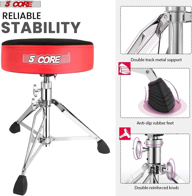 Alt view image 5 of 7 - 5 Core Drum Throne Padded Guitar Stool Swivel Height Adjustable Professional Music Chair For Adults And Kids w Anti Slip Rubber Feet - DS CH RED VEL HD