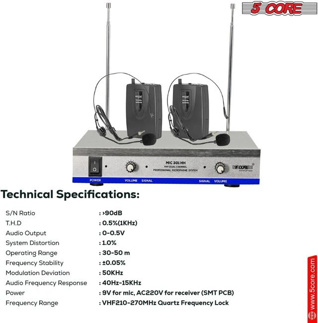 Alt view image 3 of 7 - 5 Core Wireless Microphones w 2 Headset Portable Mini Mic Microfono Inalambricos with Receiver 165ft Range WM 301 HH