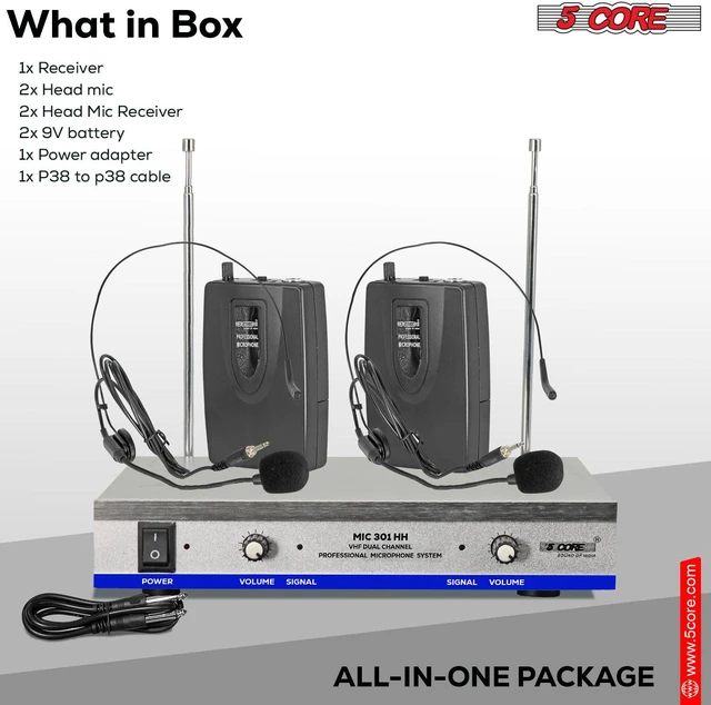 Alt view image 4 of 7 - 5 Core Wireless Microphones w 2 Headset Portable Mini Mic Microfono Inalambricos with Receiver 165ft Range WM 301 HH