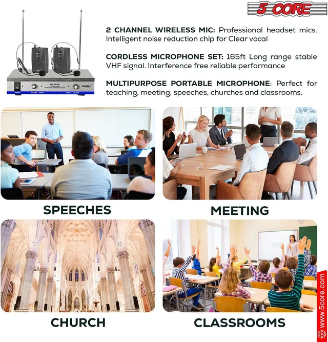 Alt view image 6 of 7 - 5 Core Wireless Microphones w 2 Headset Portable Mini Mic Microfono Inalambricos with Receiver 165ft Range WM 301 HH