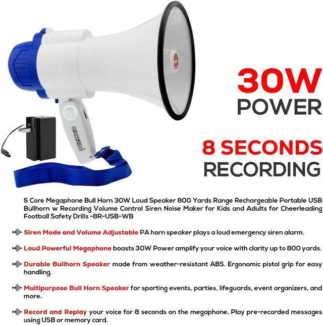 Alt view image 5 of 15 - 5 Core Megaphone Bullhorn Speaker 30W Bull Horn Battery Power Mini Cheer Megafono 800 Feet Range Loudspeaker w Siren Recording Ergonomic Handle for Coaches Football Baseball Cheerleading - 8R-USB-WB