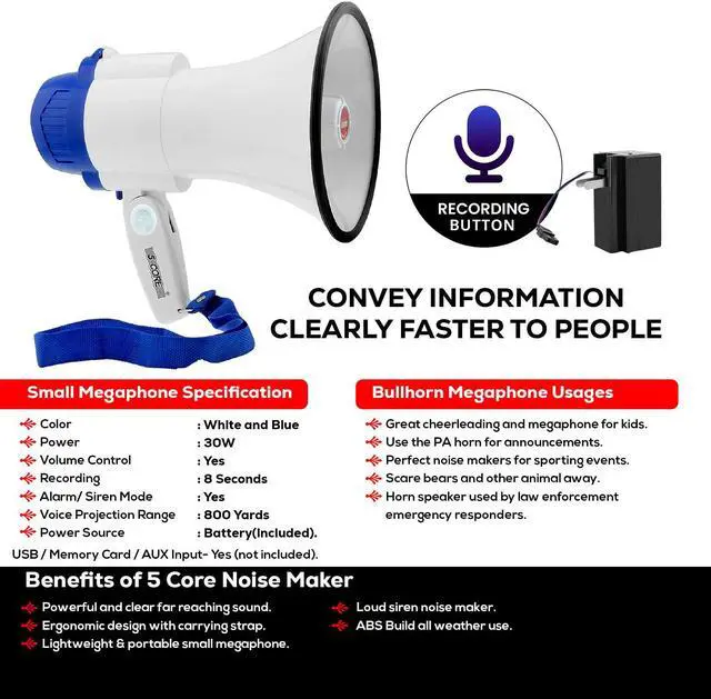 Alt view image 6 of 15 - 5 Core Megaphone Bullhorn Speaker 30W Bull Horn Battery Power Mini Cheer Megafono 800 Feet Range Loudspeaker w Siren Recording Ergonomic Handle for Coaches Football Baseball Cheerleading - 8R-USB-WB