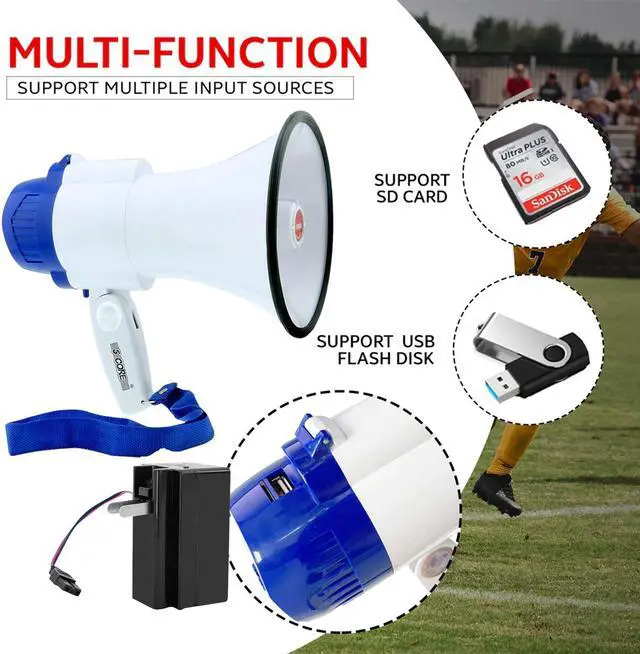 Alt view image 4 of 15 - 5 Core Megaphone Bullhorn Speaker 30W Bull Horn Battery Power Mini Cheer Megafono 800 Feet Range Loudspeaker w Siren Recording Ergonomic Handle for Coaches Football Baseball Cheerleading - 8R-USB-WB