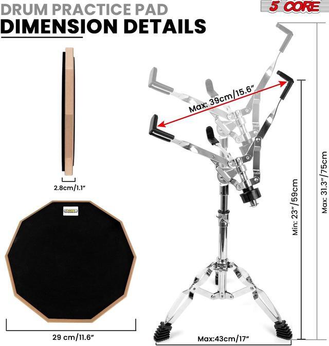 Alt view image 2 of 7 - 5 Core Drum Practice Pad Set 12" Adjustable Snare Drumming Stand Double Sided Silent Drummer Kit - DPAD COMBO BLK