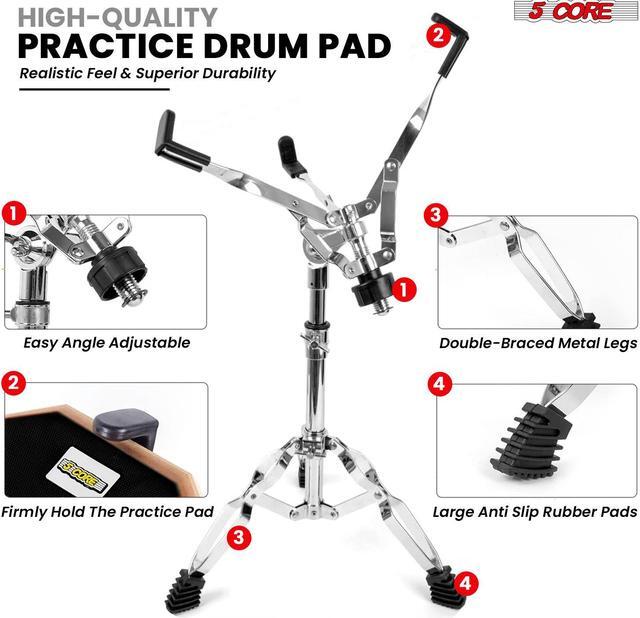 Alt view image 4 of 7 - 5 Core Drum Practice Pad Set 12" Adjustable Snare Drumming Stand Double Sided Silent Drummer Kit - DPAD COMBO BLK