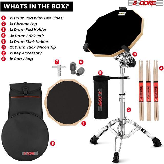 Alt view image 7 of 7 - 5 Core Drum Practice Pad Set 12" Adjustable Snare Drumming Stand Double Sided Silent Drummer Kit - DPAD COMBO BLK