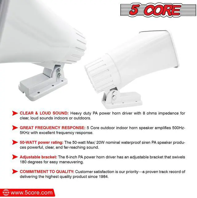 Alt view image 5 of 7 - 5 CORE 8 Pack Indoor Outdoor PA Paging Horn Speaker 6 x 4 Inch Loud Portable Power 8 Ohms 50 Watts Max - 180 Degree Swivelling Adjustable Mounting Bracket Wired White