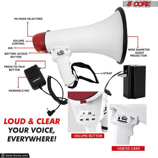 Alt view image 4 of 7 - 5 CORE Megaphone Bull Horn 50W Power 300 Meter Range Loud Siren Rechargeable Bullhorn PA Speaker System w Recording USB SD Card Adjustable Volume for Coaches Speeches Events Battery Included - 20RF WB