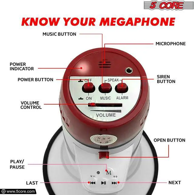 Alt view image 3 of 7 - 5 CORE Megaphone Bull Horn 50W Power 300 Meter Range Loud Siren Rechargeable Bullhorn PA Speaker System w Recording USB SD Card Adjustable Volume for Coaches Speeches Events Battery Included - 20RF WB